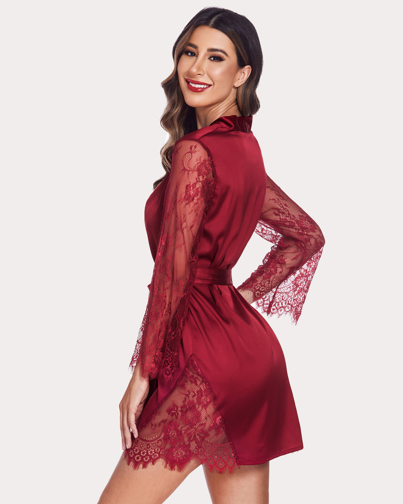 Burgundy satin lace kimono robe. Sensual nightwear, bridal or honeymoon robe for women.
