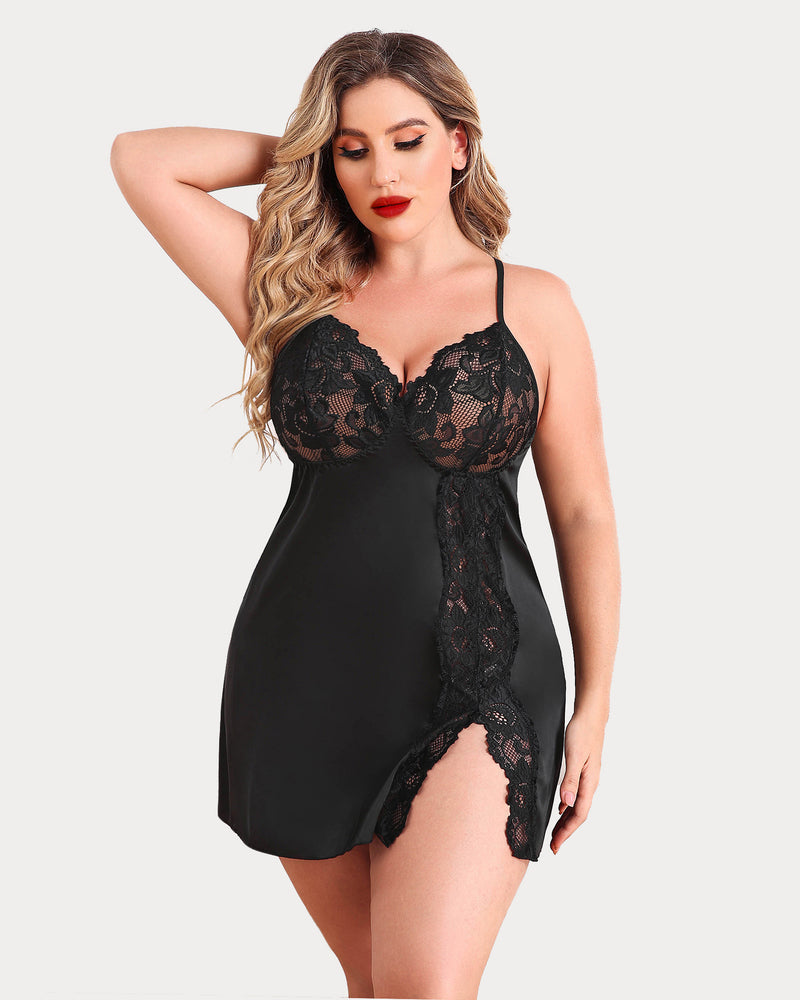 avidlove plus size lingerie for women sexy satin nightgown lace babydoll side slit strappy chemise