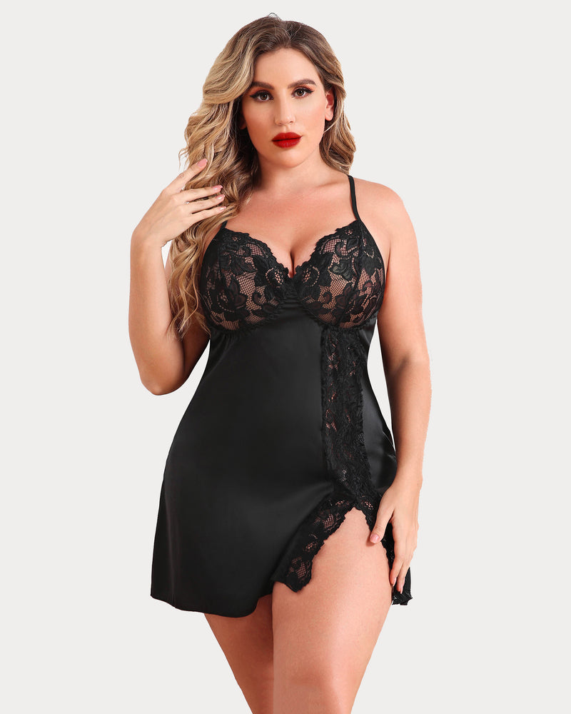 Black satin plus size chemise with lace detailing, side slit and adjustable straps.