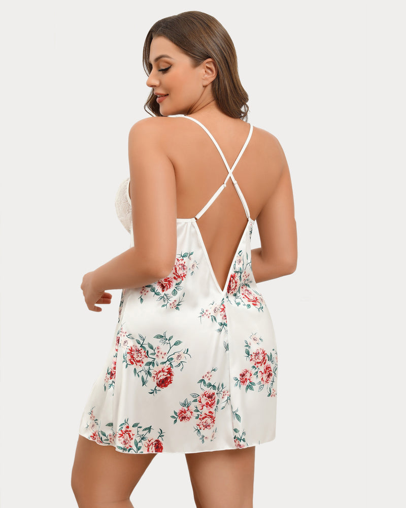 Plus Size Satin Lace Chemise, white floral print, side slit, and adjustable straps for a sexy look.