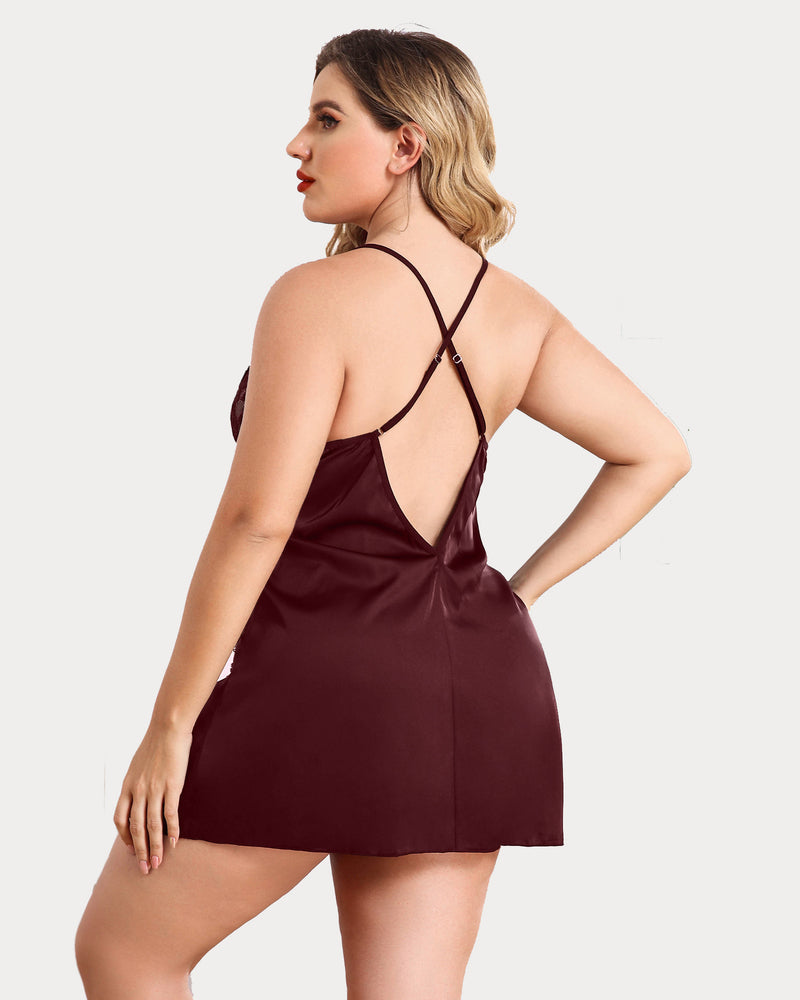 Plus Size burgundy satin nightgown with adjustable straps and low back design.
