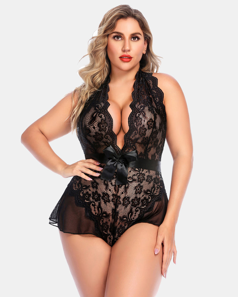 Plus Size Black Lace Halter Bodysuit with Satin Bow - Sexy Lingerie