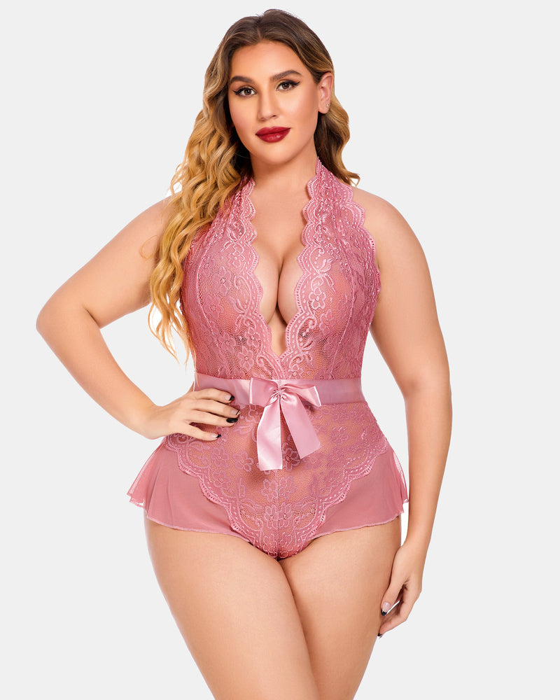 Plus Size Dusty Rose Halter Bodysuit with Lace and Satin Bow Detailing - Avidlove Lingerie