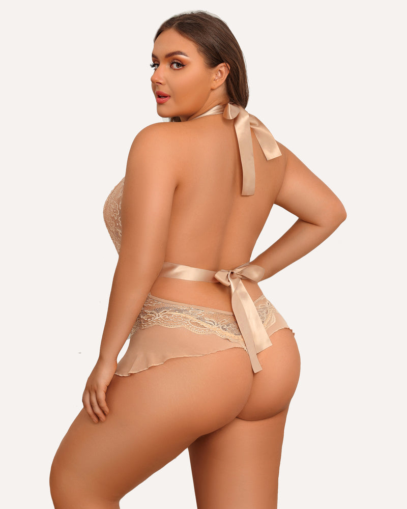 Beige Plus Size Halter Lace Bodysuit with Satin Bow - Sexy Lingerie, Floral Lace