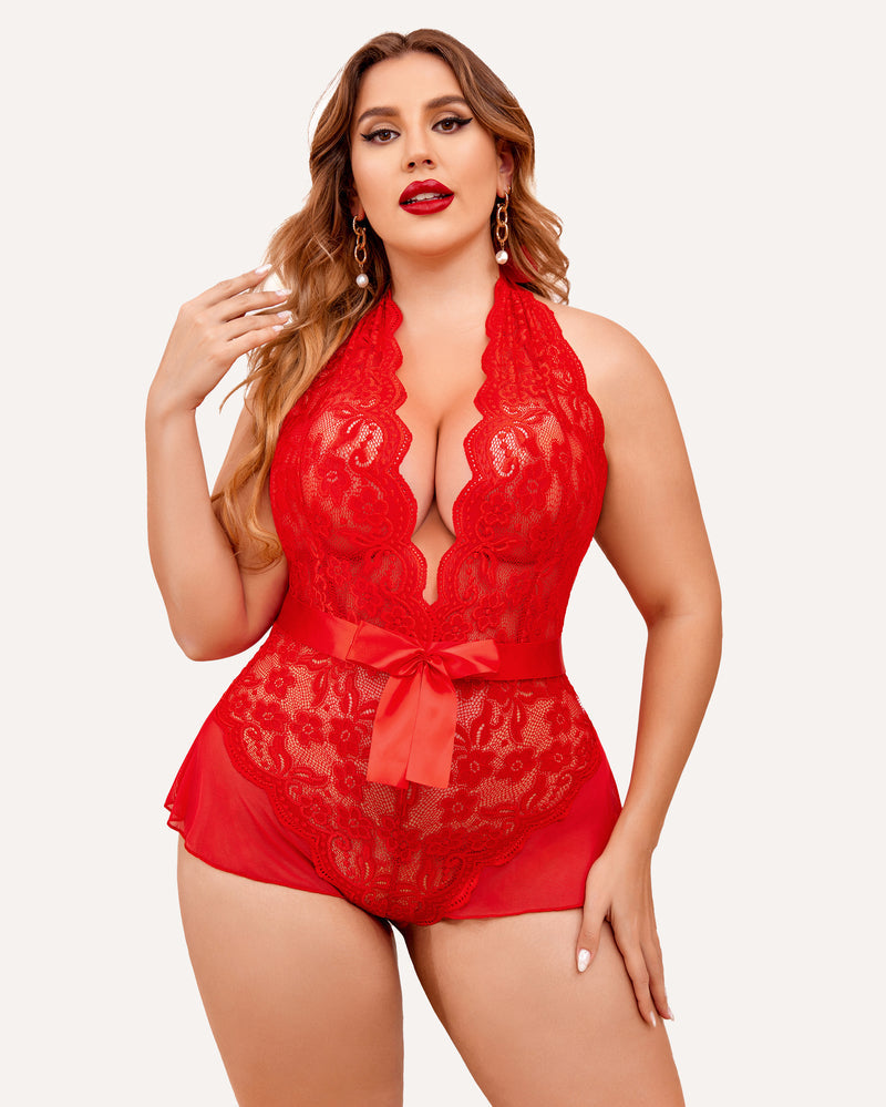 Plus Size Red Halter Lace Bodysuit with Satin Bow. Sexy Lingerie with Floral Lace. Flattering fit.