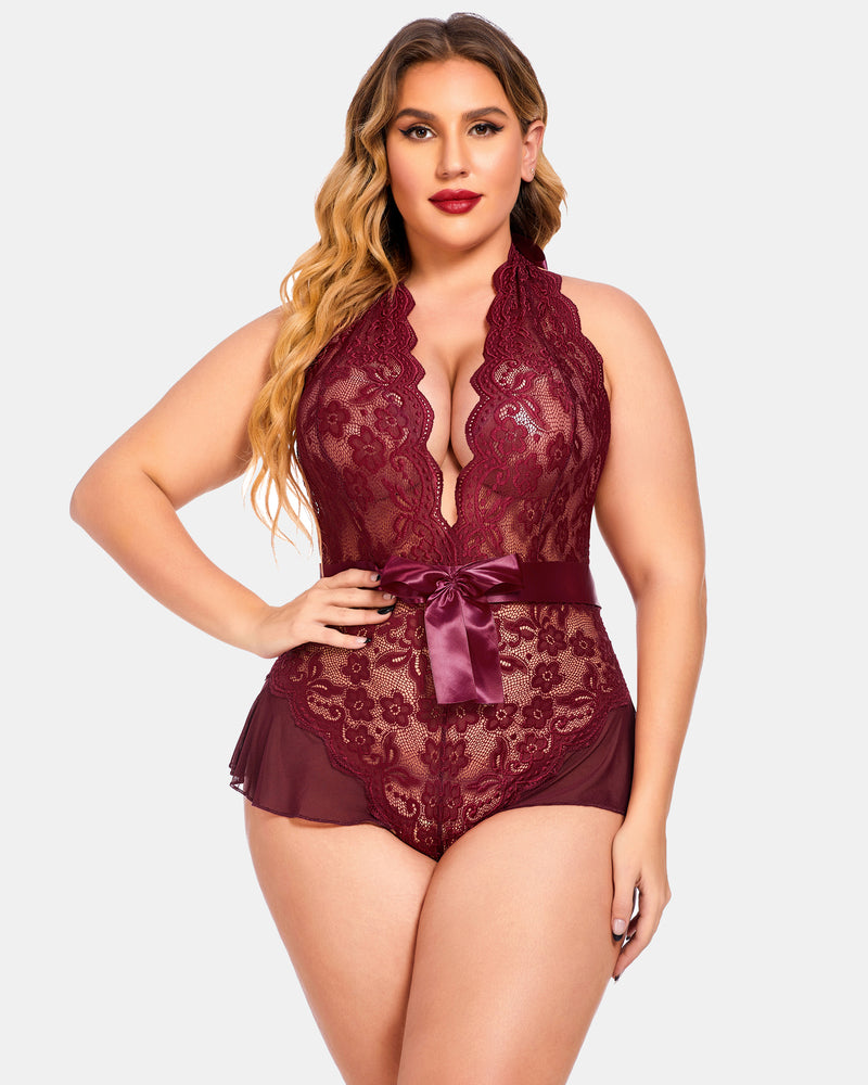 Plus size burgundy halter lace bodysuit with satin bow and floral detailing. Flattering lingerie