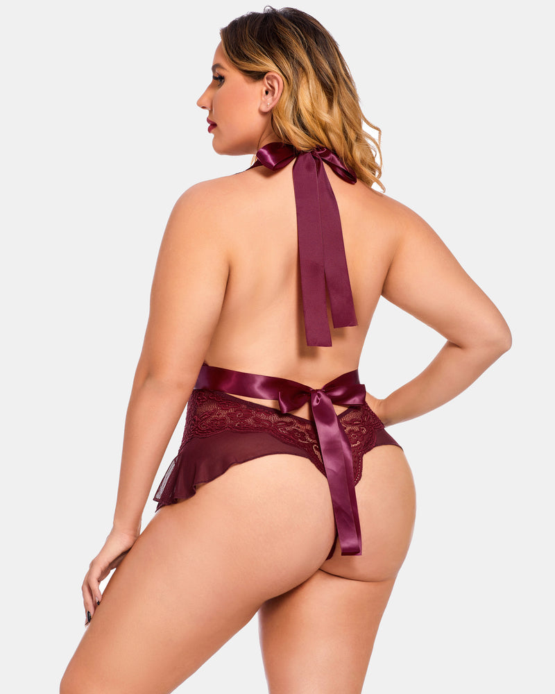 Plus Size Burgundy Halter Lace Bodysuit with Satin Bow, flattering fit and floral lace details