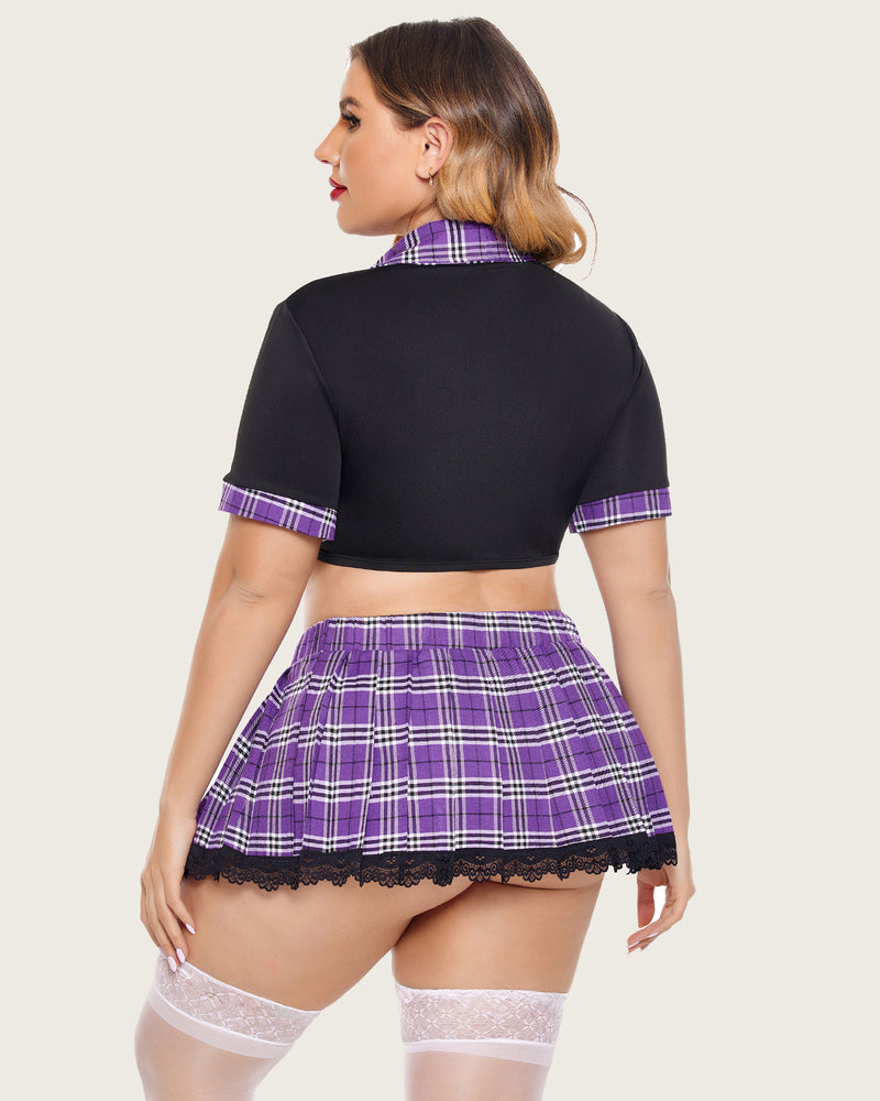 Plus size schoolgirl lingerie set: black crop top, purple plaid skirt, lace trim, thigh-highs.