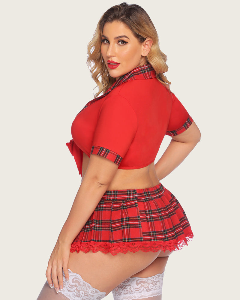 Plus size schoolgirl lingerie set: red tie top, plaid mini skirt, lace trim, thigh-highs.