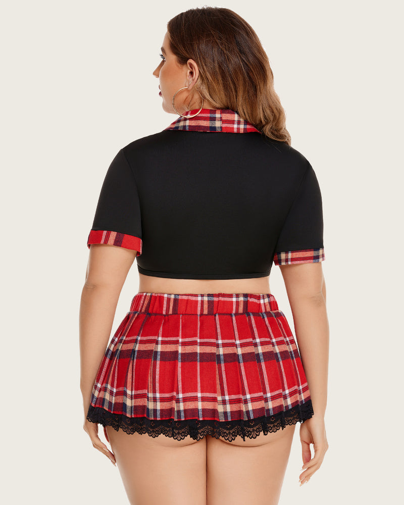 Plus size schoolgirl lingerie set: black tie top and red plaid skirt with lace trim, charming.