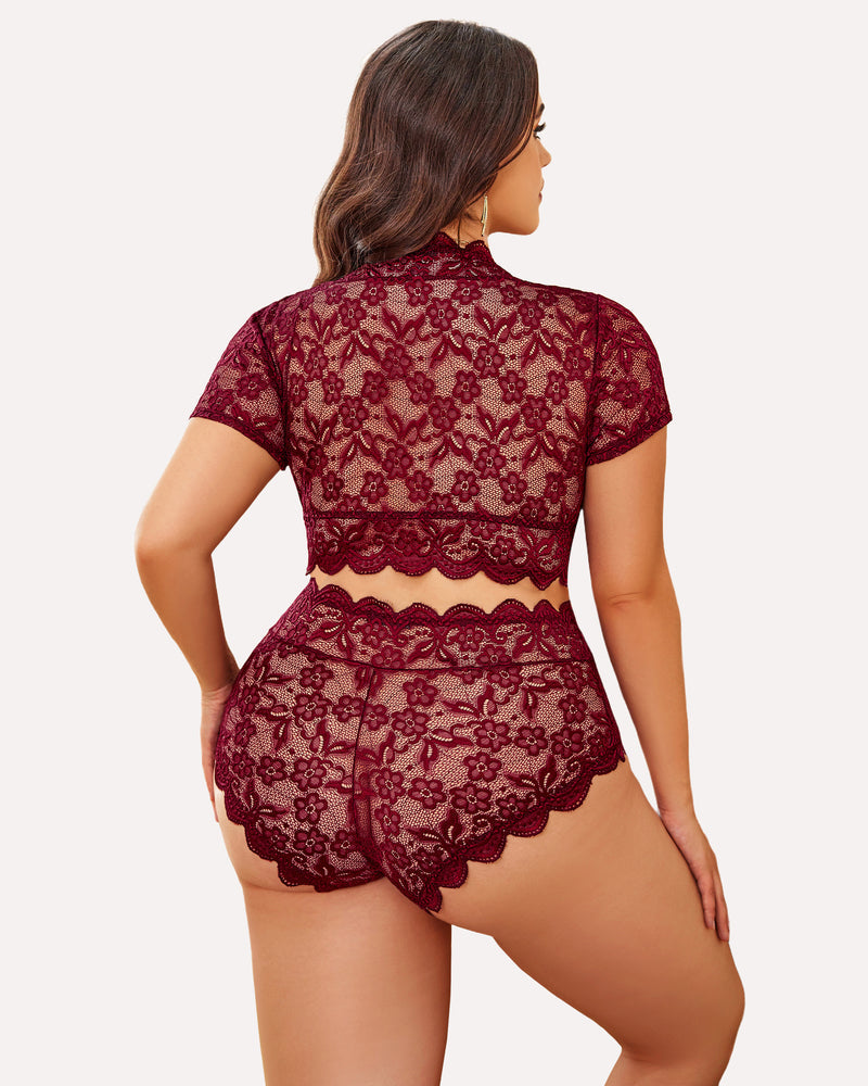 Plus Size Burgundy Floral Lace Lingerie Set - Short sleeve top and high-waisted shorts