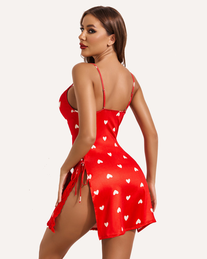 Avidlove red heart print chemise with side slit and lace, silk blend lingerie for women