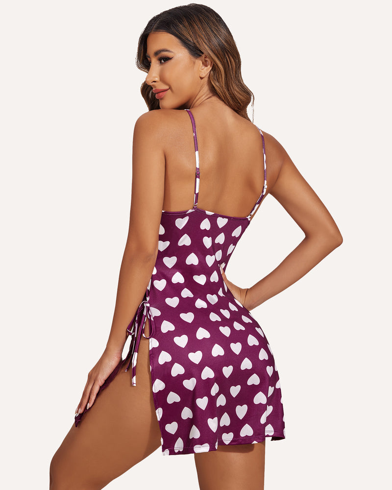 Burgundy satin nightie with heart print, side slit, and adjustable straps; Sexy lingerie with thong