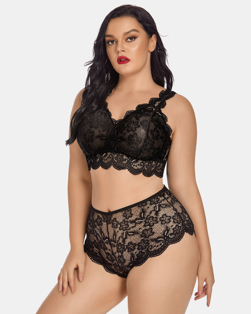 Plus Size Black Lace Halter Bralette and High Waist Panty Set, Floral Lace Lingerie