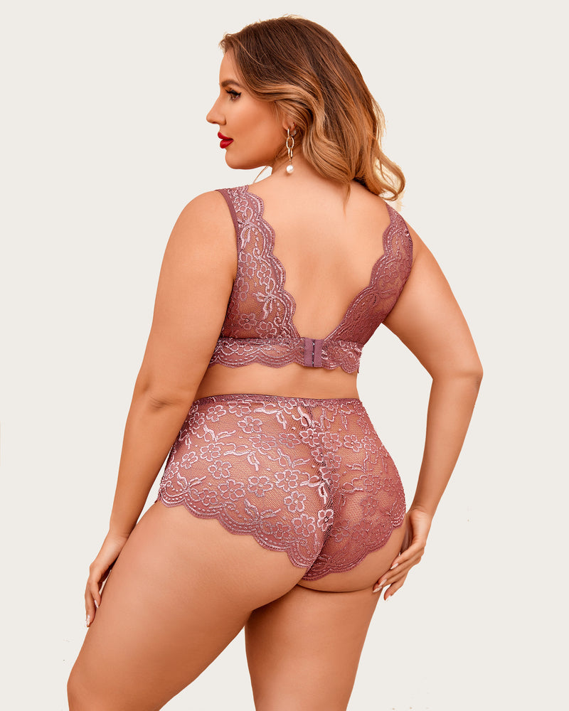 Plus Size Mauve Lace Halter Bralette and High Waist Panty Set, scalloped trim and floral lace.