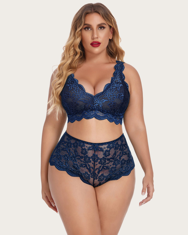 Navy lace plus size lingerie set. Halter bralette and high waist panty with floral lace.