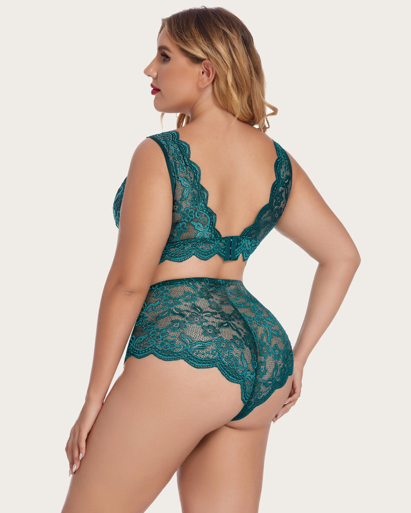 Plus size teal lace lingerie set. Halter bralette and high-waisted panty, floral lace details.
