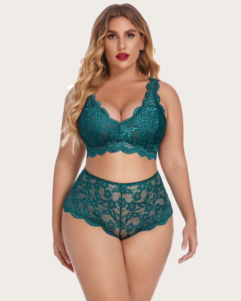 Plus size teal lace halter bralette and high waist panty set, floral lace details, scallop trim.