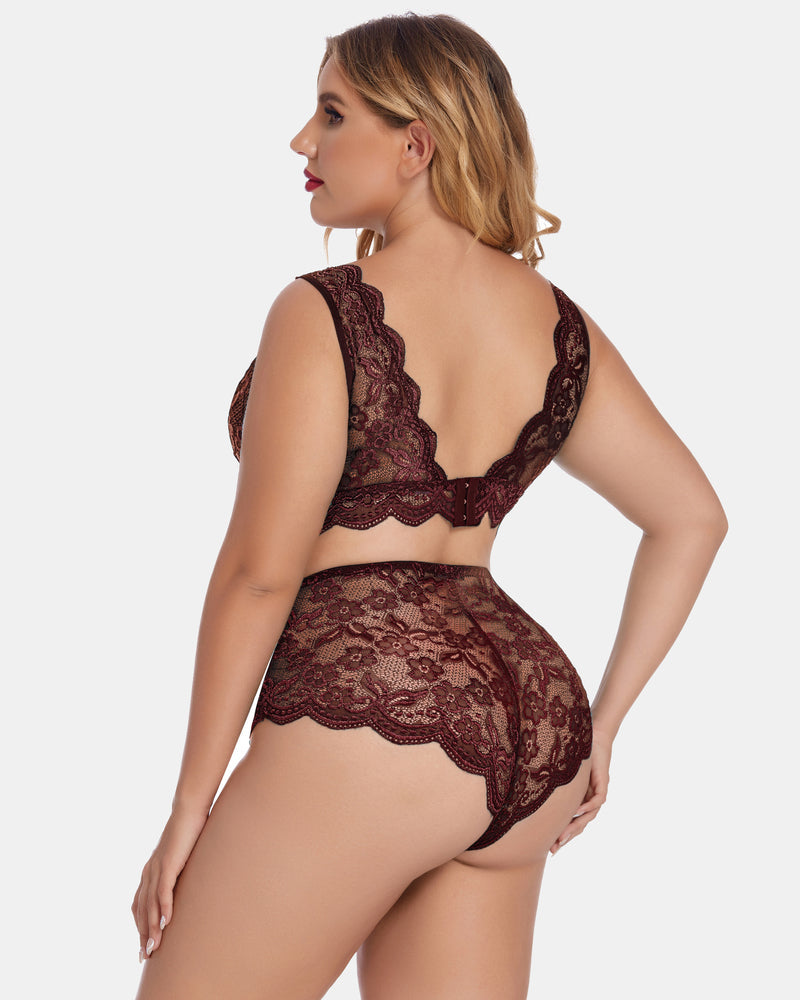 Plus Size Burgundy Lace Lingerie Set. Halter bralette and high waist panty with floral lace details.