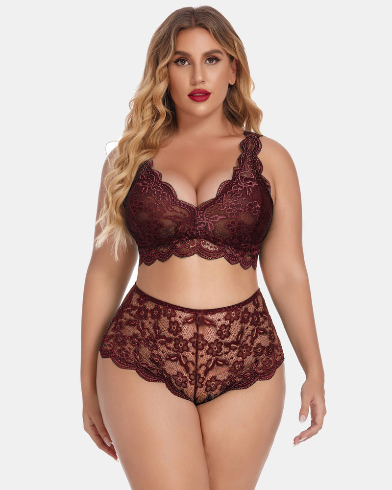 Plus Size Maroon Lace Lingerie Set with Halter Bralette and High Waist Panty