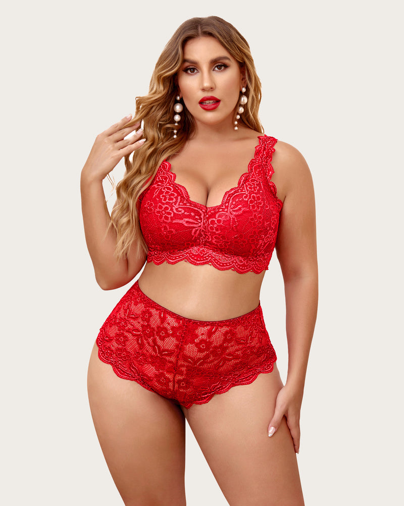 Plus Size Red Lace Halter Bralette and Panty Set. Floral lace, scalloped trim. Comfortable and sexy.