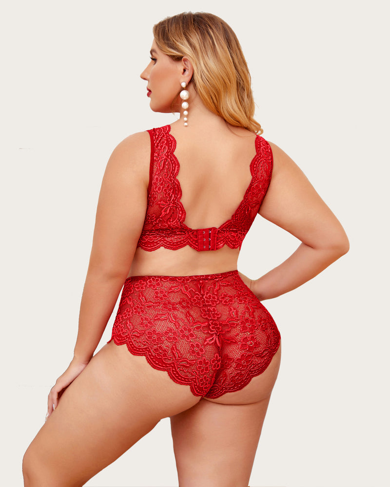 Plus size red lace lingerie set: halter bralette with scalloped trim, and high-waisted panty.