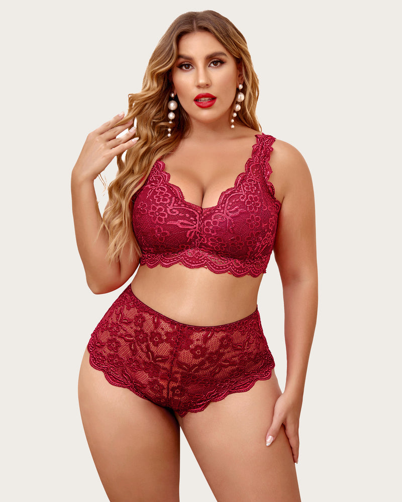 Plus size burgundy lace lingerie set: halter bralette, high waist panty. Floral lace detail.