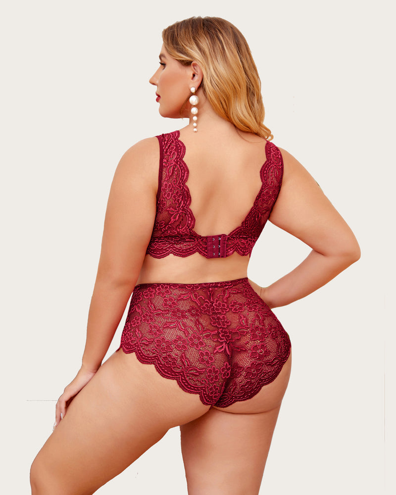 Plus Size Burgundy Lace Lingerie Set - Halter bralette, high-waisted panty with floral lace.