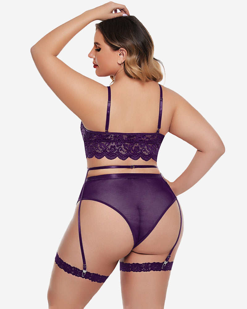 Plus size purple lace lingerie set: bralette, high-waisted panties, garter belt. Sexy floral design.