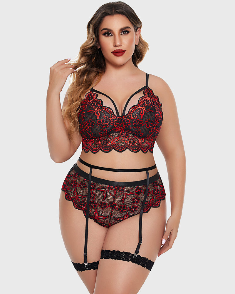 Plus-size red lace lingerie set featuring scalloped bralette and high-waisted panties with garters.