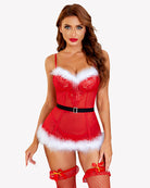 Green Santa-inspired babydoll with lace cups, fur trim, adjustable straps, and festive belt.