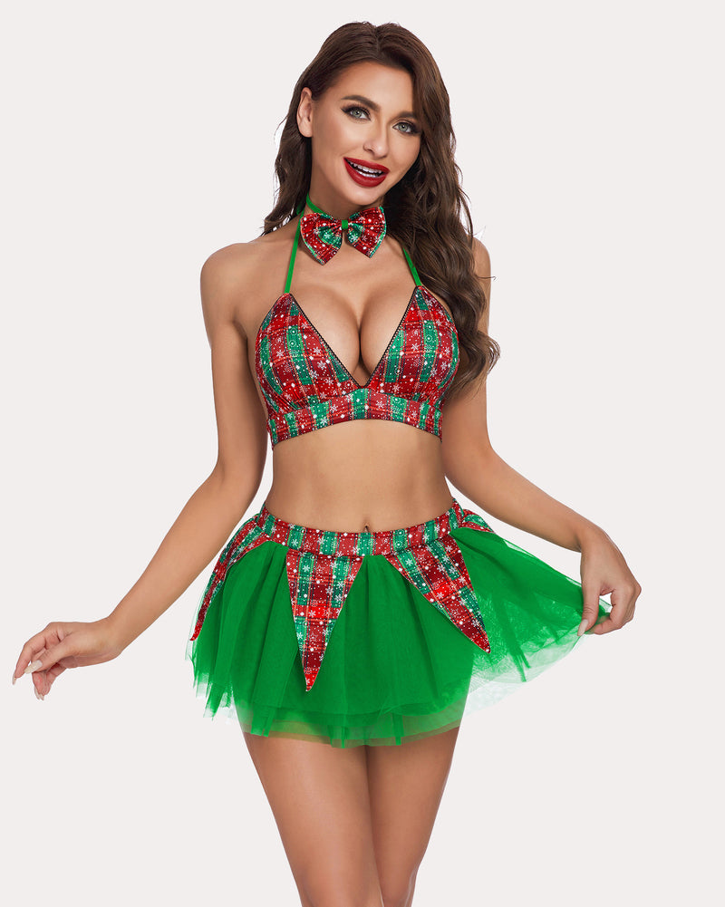 avidlove sexy christmas lingerie for women holiday outfits plaid bra and skirt santa sleepwear with bow tie