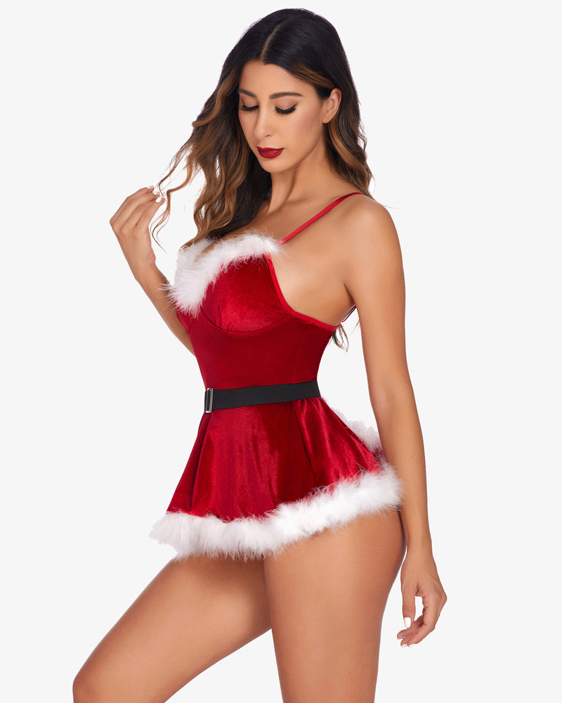 Sexy red velvet Santa lingerie with fur trim, featuring V-neck and belt for a Christmas look.