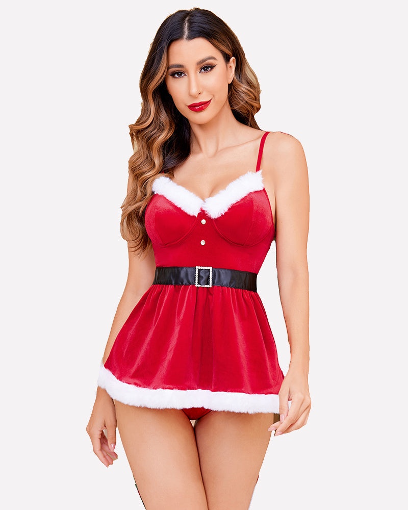 Red velvet Santa chemise lingerie set with fur trim and black belt; Christmas lingerie for women