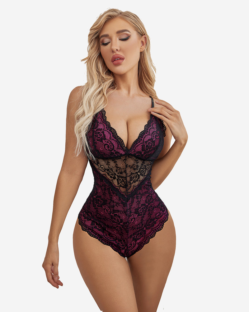 Burgundy and black floral lace teddy lingerie, snap crotch, deep V-neck, confident fit