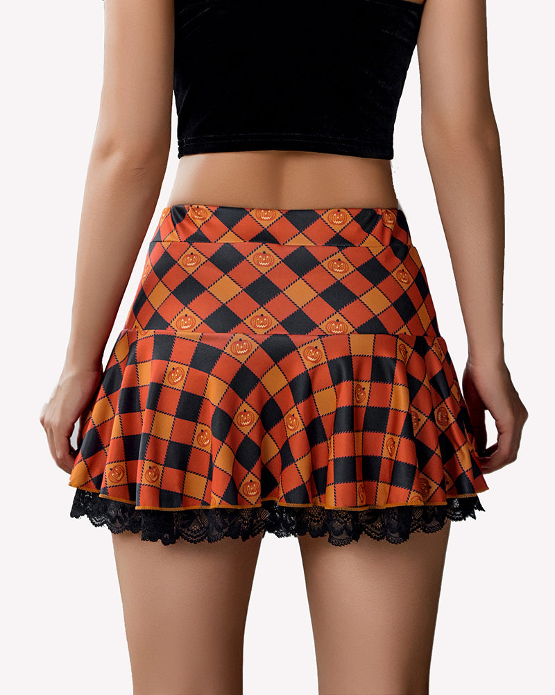 Avidlove Halloween mini skirt with plaid pattern, A-line flared design with lace trim.