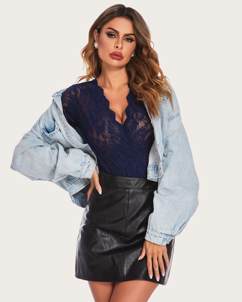 Navy blue lace bodysuit, V-neck with long sleeves. Featuring a snap crotch, sexy lingerie for women
