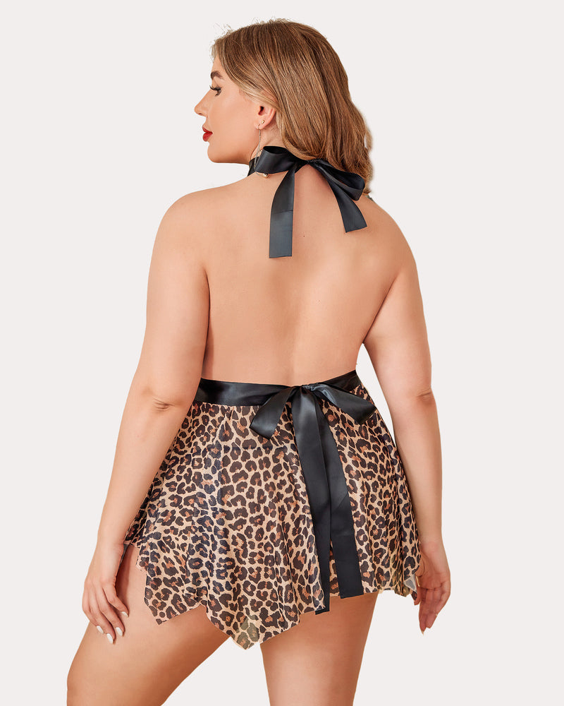 Plus Size Leopard Print Babydoll with Halter Neckline and Satin Bow