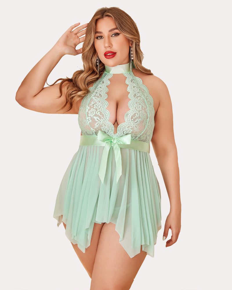 Plus Size Mint Green Lace Babydoll Lingerie with Bow, Halter Neck Design