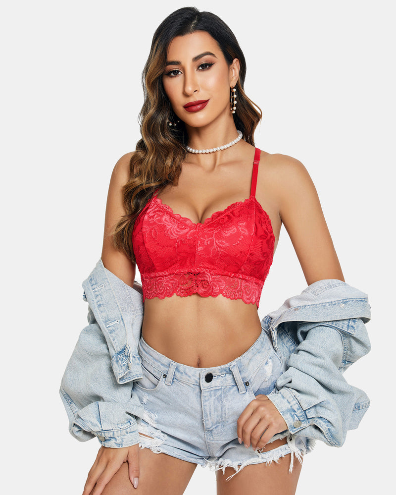 Red floral lace bralette with denim shorts and jacket. Sexy lingerie by Avidlove.