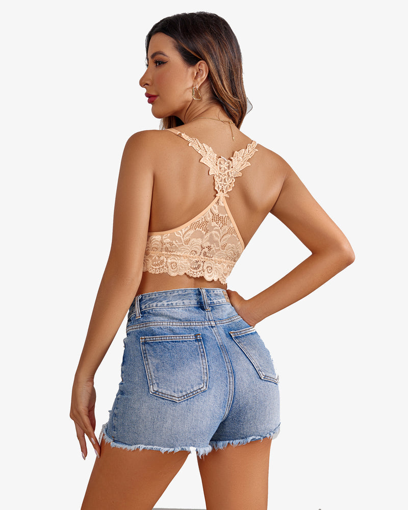Beige floral lace bralette crop top and denim shorts. Sexy Avidlove lingerie. Racerback design.