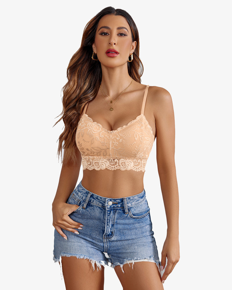 Avidlove peach floral lace bralette crop top with denim shorts. Sexy V-neck lingerie for women.