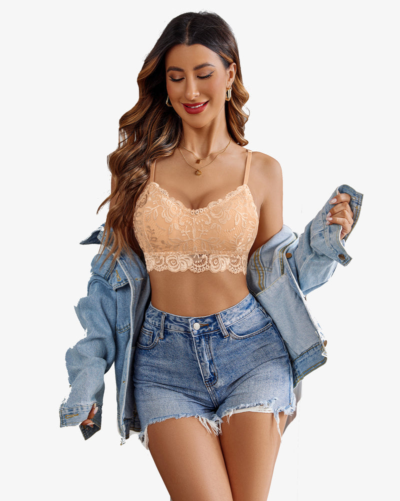 Beige floral lace V-neck bralette with denim shorts and jacket. Sexy lingerie by Avidlove.