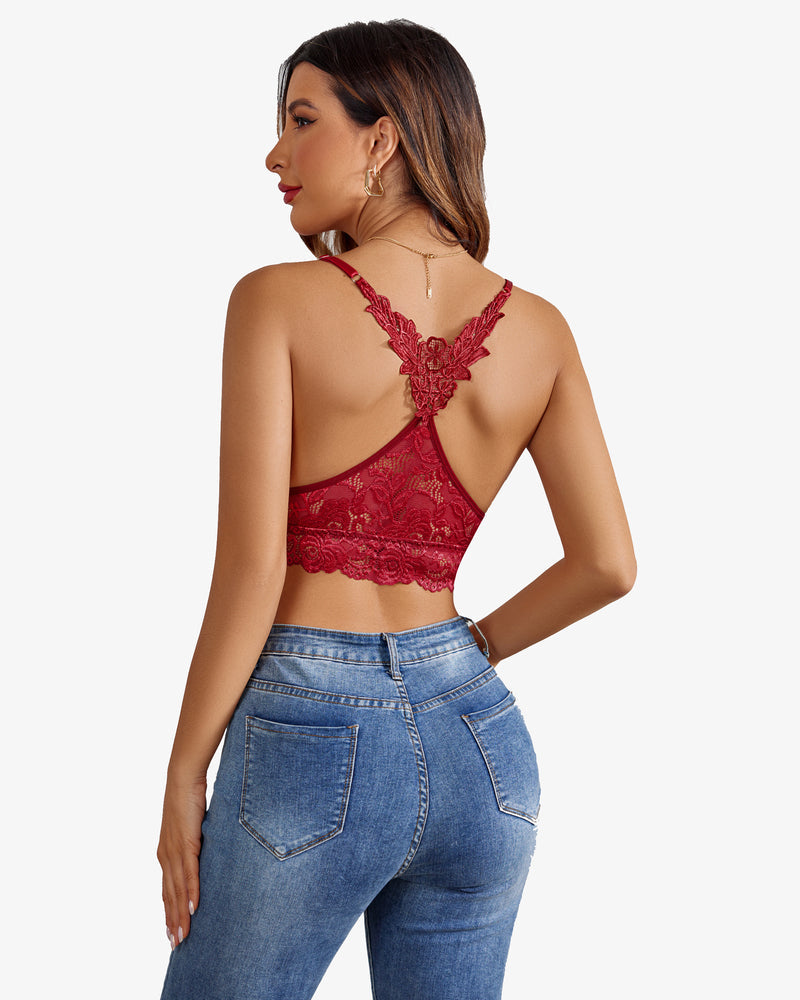 Burgundy floral lace racerback bralette with denim jeans. Avidlove sexy lingerie.  V-neck crop top.