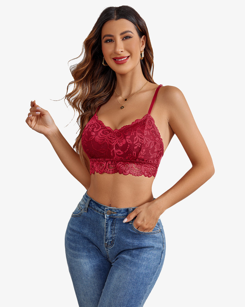 Burgundy floral lace V-neck bralette by Avidlove with denim jeans. Sexy lingerie for women.
