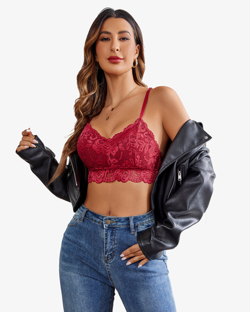 Burgundy floral lace bralette by Avidlove, paired with denim and a leather jacket. Sexy lingerie.
