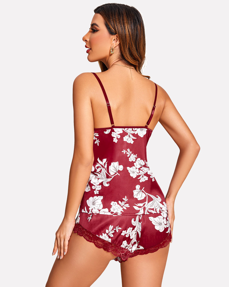 Burgundy floral satin pajama set with lace trim. Avidlove lingerie, perfect for a romantic night.