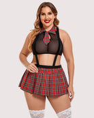 Back view of plus size schoolgirl lingerie set with plaid mini skirt and crisscross top.