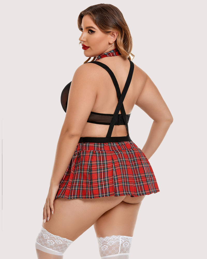 Plus size red plaid lingerie set: Mesh crop top, mini skirt, and choker. Comfortable and sexy.