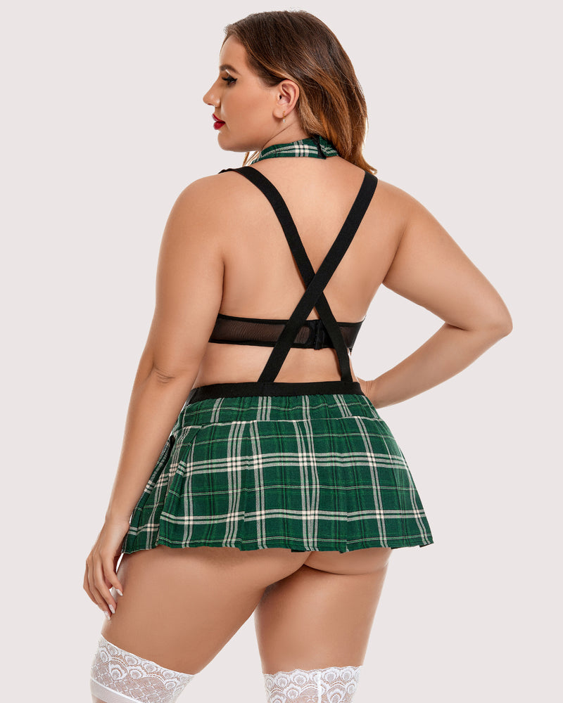 Plus size green plaid lingerie set: mini skirt, suspenders, choker. Sexy lingerie.